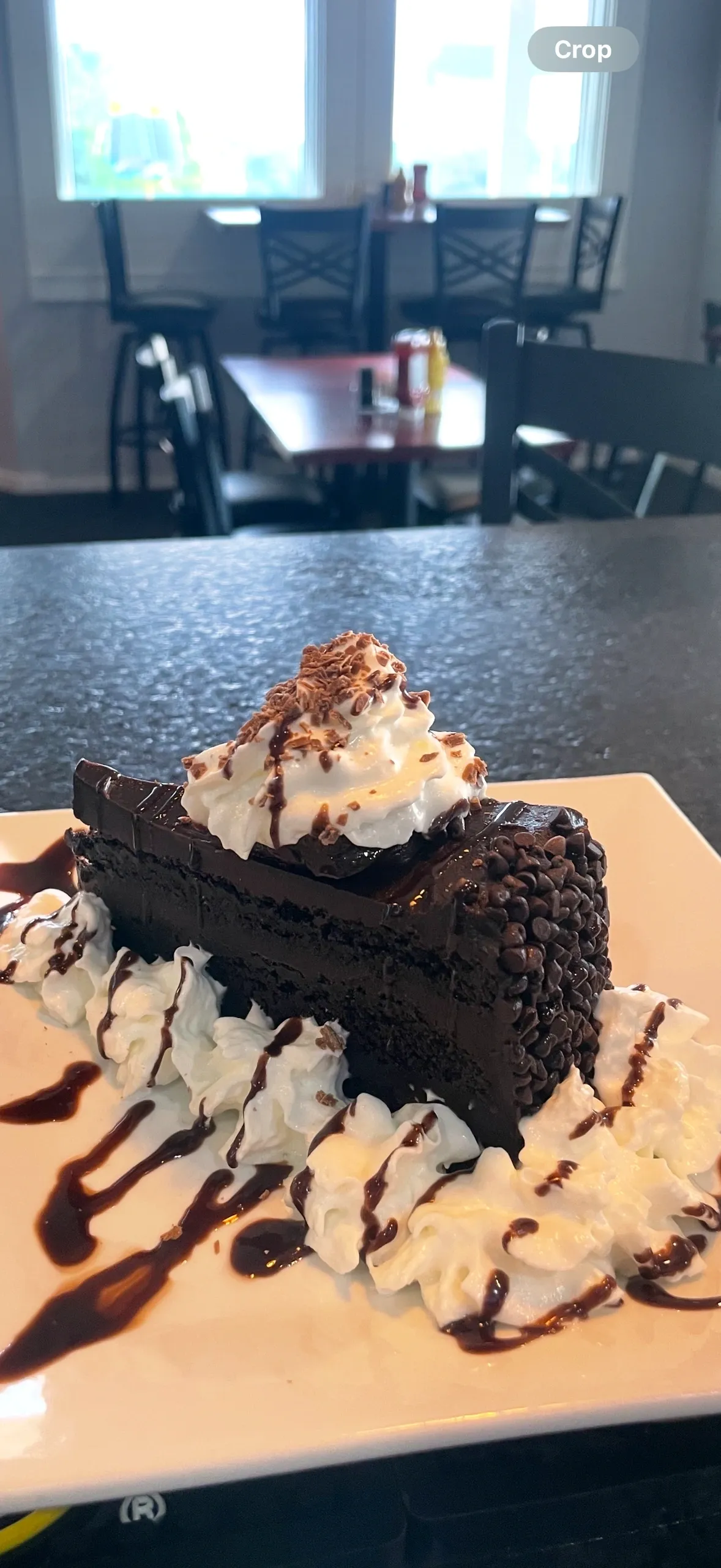 Rich chocolate layer cake with whipped cream and chocolate chips
